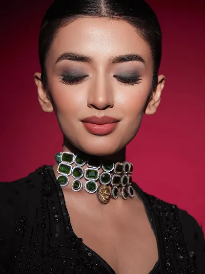 A close-up of the black smokey eye. It's blended to perfection, creating a look that is dramatic yet sophisticated, not harsh.