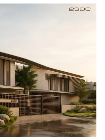 The entrance gate of Obsidian X features a custom lattice design that echoes the architectural details of the home. This element provides security while offering a tantalizing glimpse of the modern residence within.