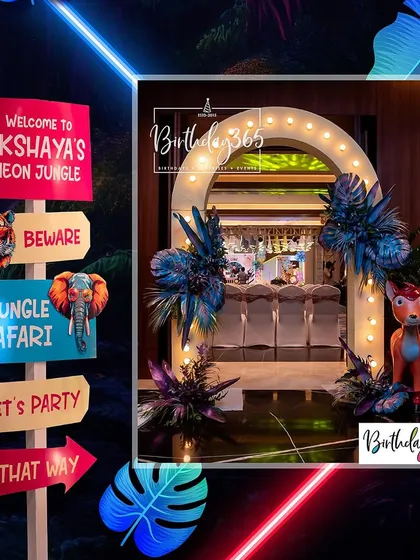 A "Welcome to Akshaya's Neon Jungle" signpost points the way to the party. We use themed signage to make the experience immersive from the very first step.