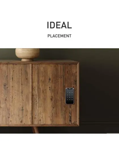 The ideal placement for a smart furniture lock on a rustic wooden cabinet. The OZFL-201-PW model offers access via mobile app, password, or RFID card, and includes an audit trail to track usage.