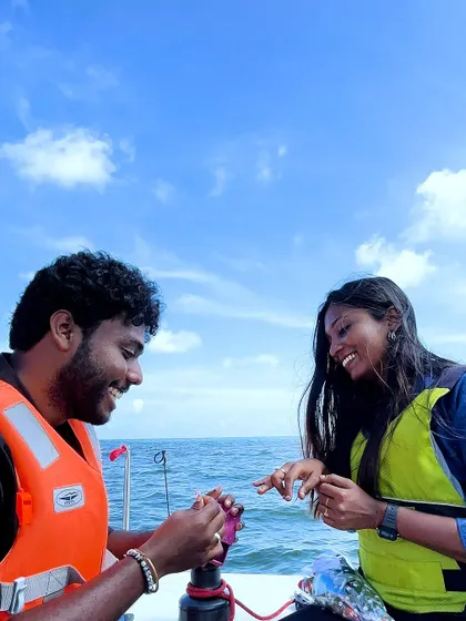 She said yes. The happy moment of the ring exchange during a surprise proposal on a private yacht sailing off the Chennai coast.