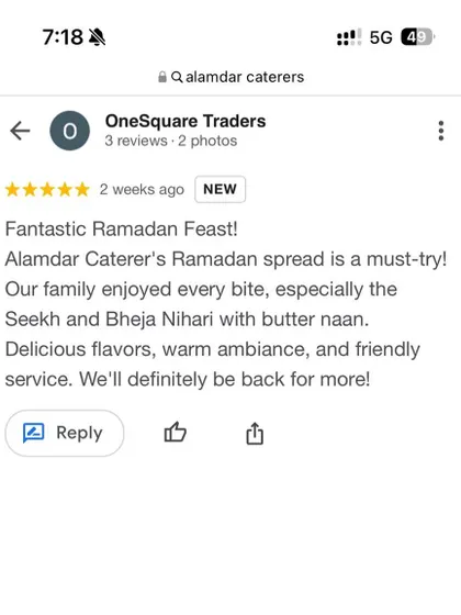 "Fantastic Ramadan Feast! Our family enjoyed every bite." Another wonderful 5-star review.