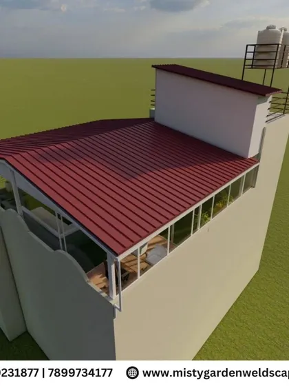 An exterior 3D model of a full terrace enclosure with a durable metal roof, showing how the structure provides complete protection from the elements.