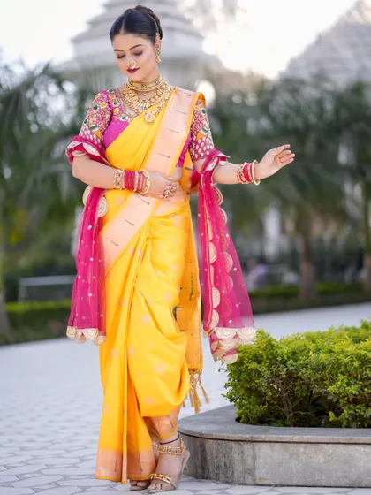 The complete Nauvari look from the front. I ensure the drape is perfect and comfortable for the bride to move around in.