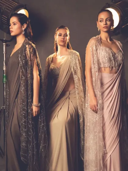 My collections are designed for the modern woman. This image captures the essence of my cape sarees, showcasing a variety of styles in elegant, contemporary drapes for any celebration.