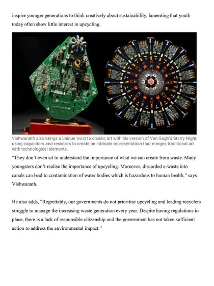An image from an article showcasing my unique twist on classic art with my version of Van Gogh's 'Starry Night', which uses capacitors and resistors. It also features a custom award made from a green circuit board.