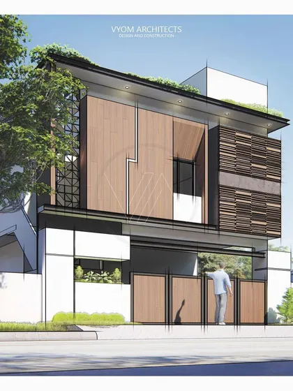 A design sketch for the Manjulamma residence, blending a 3D model with artistic lines. This style helps communicate the feel and form of the intricate facade design early in the process.