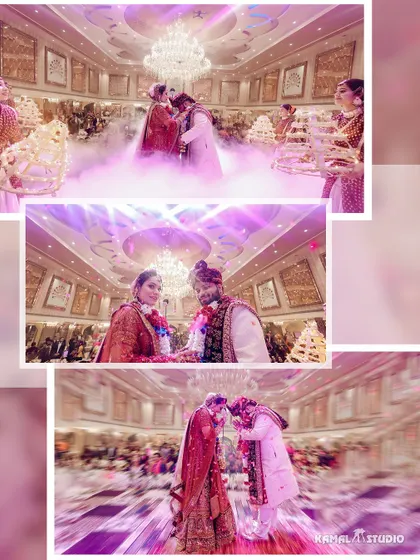 A collage of the Varmala ceremony, capturing the moment of exchange with dramatic lighting and effects.