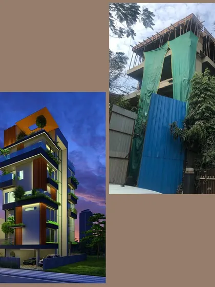 Another before-and-after concept, showing the architectural visualization of a modern apartment building next to the work-in-progress site. We oversee both the architectural and interior phases.
