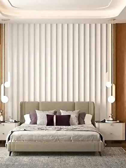 This bedroom features a striking fluted wall panel in white, framed by warm wood accents. The neutral-toned bed and simple, elegant pendant lights create a balanced and contemporary look, while a large mirrored wardrobe enhances the sense of space.
