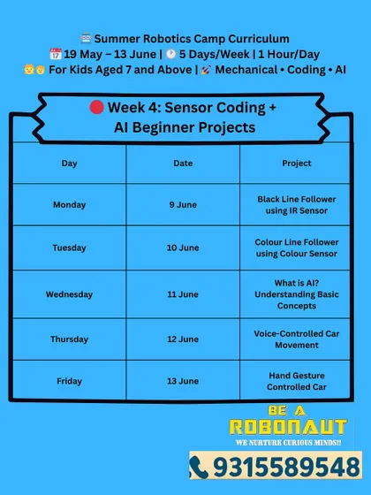Week 4 of our Summer Robotics Camp is where we dive into sensor coding and AI. Kids will build line followers and voice-controlled cars.