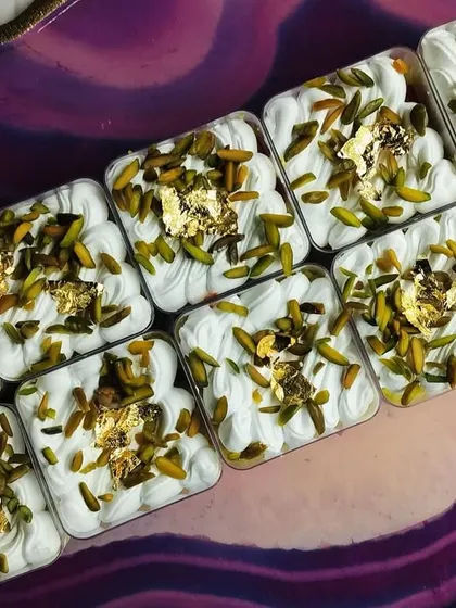 A perfect gift for Rakhi, my Kesar Pista Tres Leches Cups are a royal dessert. The moist sponge is soaked in saffron-infused milk and topped with pistachios and edible gold.