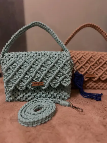A closer look at the mint green and beige scalloped flap bags. Which color would you choose?