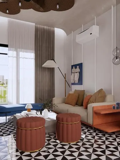 A unique, travel-inspired theme is visible in this lounge design, with trunk-style furniture and a mix of eclectic decor. The space is playful yet sophisticated, perfect for an informal gathering.