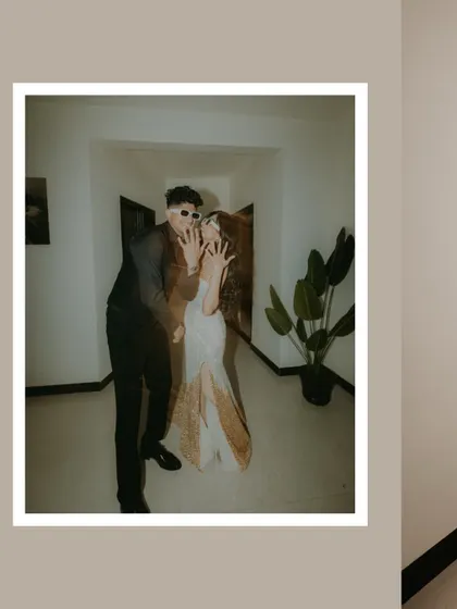 A creative, polaroid-style shot capturing the fun and quirky side of the couple's personality.