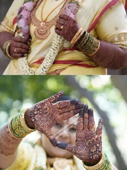Stain goals! This collage shows the amazing dark stain on my bride Pooja, both in close-up and as part of her full bridal attire.