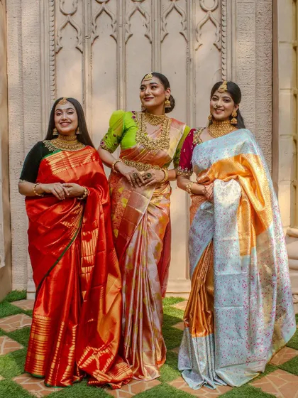 A group of beautiful women, all adorned in different sets from our collection for a collaborative photoshoot. It shows the variety we offer for bridesmaids and family.