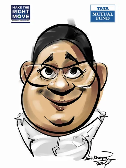 This is a duplicate of ID 66, a digital caricature of an attendee at a Tata Mutual Fund event. These portraits are branded and make for a professional corporate souvenir.
