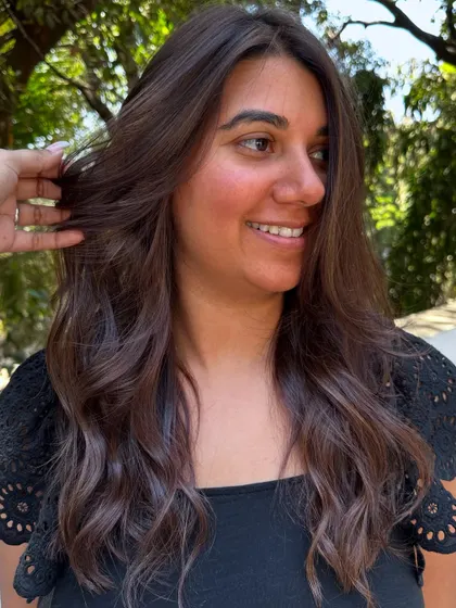 A happy bride-to-be with her new hair.