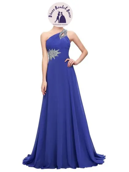 A full view of the one shoulder blue gown, showing its elegant silhouette.