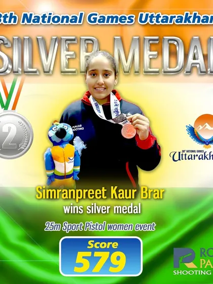 A fantastic silver medal for Simranpreet Kaur Brar in the 25m Sport Pistol event at the 38th National Games in Uttarakhand. After topping the qualification round, she fought hard in a close final, demonstrating her competitive spirit.