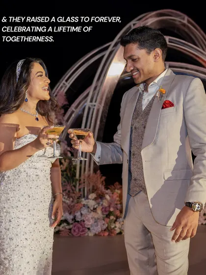The couple raises a glass to forever at their Bahrain engagement. A perfect end to a day of celebration, planned with love in a place that feels like home.
