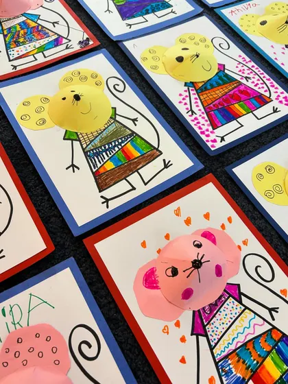 A whole collection of the cute doodle mice. Each one has a unique, patterned dress.