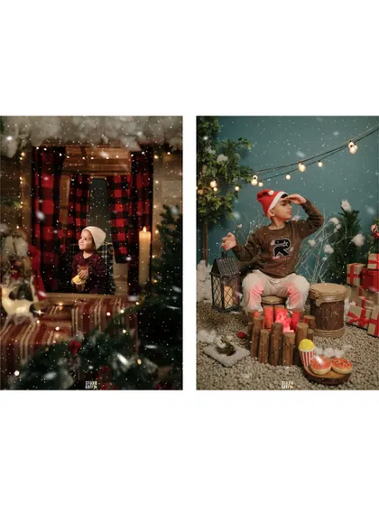A collage showing two different children enjoying our two distinct Christmas sets: the rustic cabin and the snowy campfire.