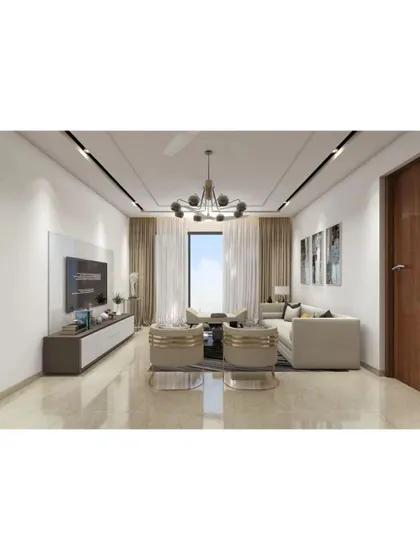 A bright and modern living room with clean lines and a neutral color palette. The track lighting on the ceiling and the minimalist TV console keep the look sleek and contemporary.