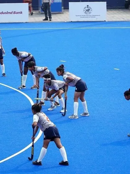 Players practicing a penalty corner setup. Hard work in training is what makes complex set-pieces look easy on match day.