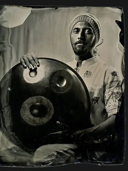 Another mesmerizing wet plate collodion portrait, this time of a handpan player. The process creates a depth and luminosity that is truly unique to analog photography.