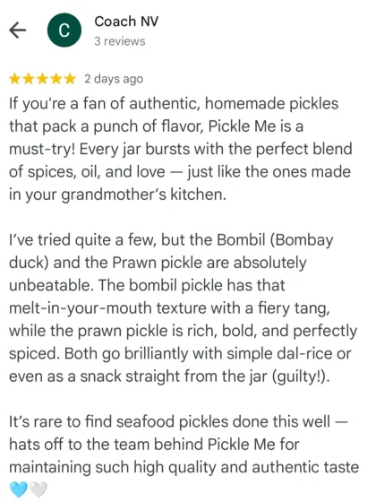 I love it when customers appreciate the authentic taste I strive for. This review highlights two of my non-veg bestsellers, the Bombil (Bombay duck) and Prawn pickle, and the homemade quality that sets them apart.