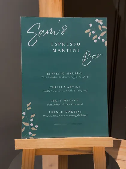 The little details matter. For this birthday, we designed a custom "Espresso Martini Bar" menu that matched the event's color scheme and theme, making even the bar feel special.