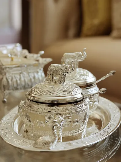 A royal touch for your table. This exquisite silver serving set, featuring majestic elephant-designed lids, is part of my Mijaaz collection and serves as a tribute to regal traditions and timeless hospitality.