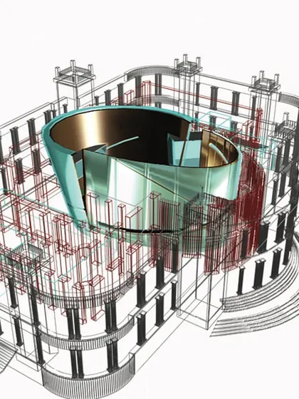 A digital wireframe model showing our proposal for Minto Hall. This drawing reveals the new structural grid and the free-flowing form of the central auditorium, designed as a "building within a building" to preserve the historic shell.