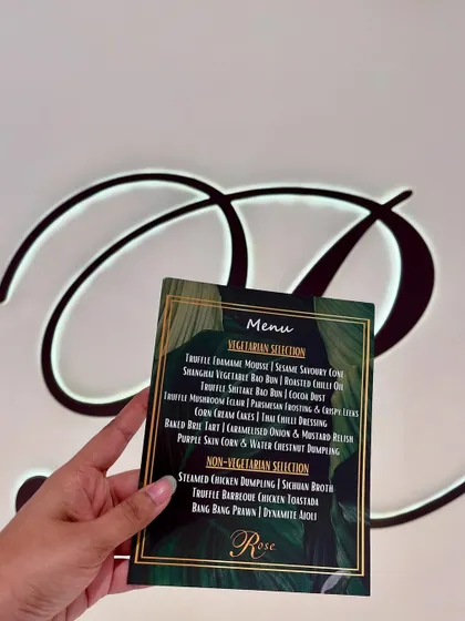 The bespoke menu for the Rose Watch Bar launch, reflecting the elegance and luxury of the brand.