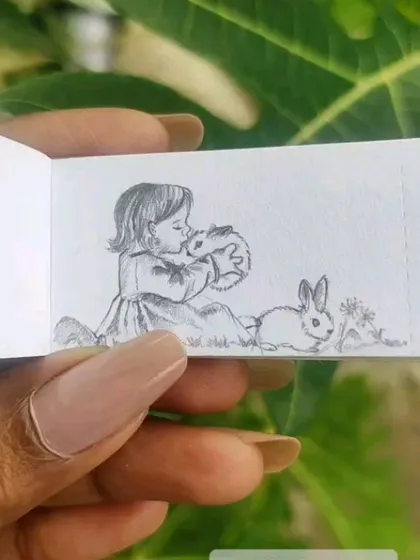 A tiny, delicate pencil drawing in a miniature sketchbook. This piece captures a tender moment between a little girl and her pet rabbit, showcasing my ability to work on a very small scale.