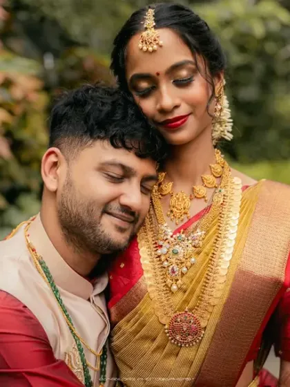 A candid moment of pure bliss during the wedding ceremony. The genuine smiles and loving looks exchanged between the couple are what make a wedding story truly special.