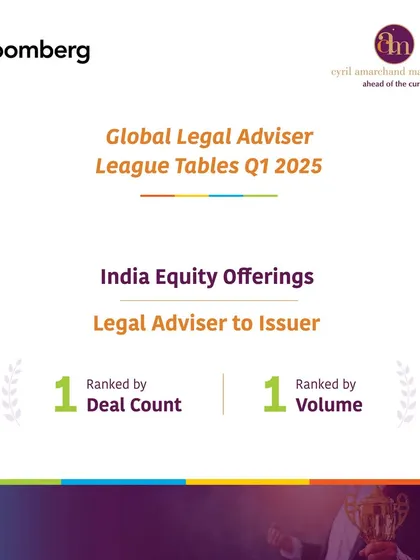 Our Capital Markets practice consistently tops the charts, as shown by our Q1 2025 No. 1 ranking by Bloomberg for India Equity Offerings by both deal count and volume.