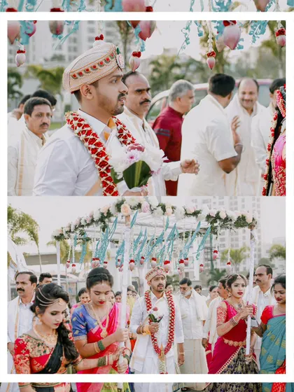 The groom's arrival and the couple's procession, key moments that mark the beginning of the wedding ceremony.