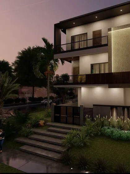 This architectural render presents a luxurious villa with extensive landscaping. The design includes a grand entrance staircase and multiple balconies, creating a sense of opulence and connection to nature.