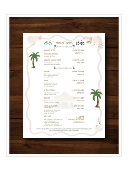 This custom illustrated itinerary complements the wedding map, providing guests with a beautifully designed schedule of events. The charming illustrations and cohesive design make it a helpful and delightful piece of stationery.