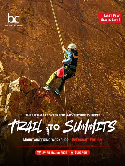A participant rappels down a rock face during our "Trail to Summits" overnight workshop in Gurgaon. We bring the mountains to your city so you can learn essential skills before your big climb.
