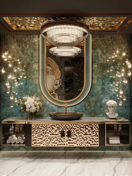 Step into a luxurious sanctuary with this exquisite washroom. It features a stunning hand-laid mosaic artwork in the shower, a black marble vanity, and gold fixtures, redefining relaxation and indulgence.