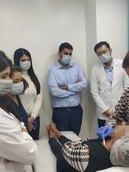 A hands-on training session at the clinic. Continuous learning and skill development are crucial in dermatology to ensure I am always providing the most advanced and effective treatments for my patients.