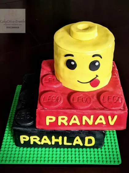 A closer look at my topsy-turvy Lego cake, made for my own little Lego lovers. The bright colors and fun design make it a huge hit with kids.