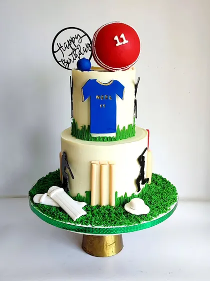Another look at the two-tier cricket cake, a design that's always a sixer at birthday parties.