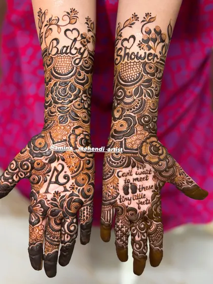 Celebrating a new arrival with a special baby shower mehendi. I can personalize your design with sweet messages like 'Baby Shower' and 'Can't wait to meet these tiny little feet', along with tiny footprints and the baby's initials.