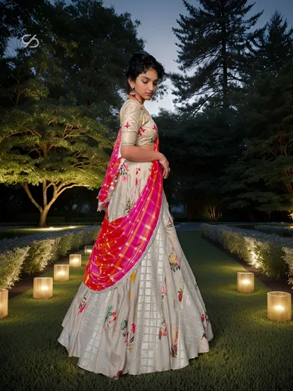 This printed lehenga with intricate patchwork is the epitome of versatility and charm, perfect for every occasion from a mehendi to a sangeet.