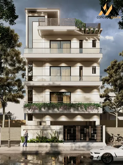 A full frontal view of a modern residential building we designed. The facade emphasizes verticality and clean lines, with large windows and balconies that feature planters to integrate nature into the structure.